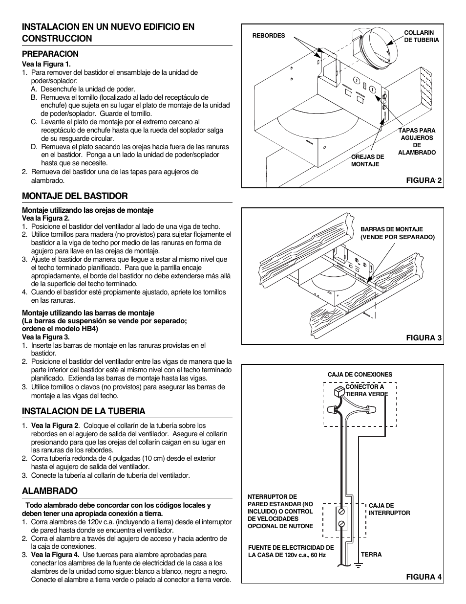 Instalacion en un nuevo edificio en construccion, Montaje del bastidor, Instalacion de la tuberia | Alambrado | NuTone 8814R User Manual | Page 8 / 10