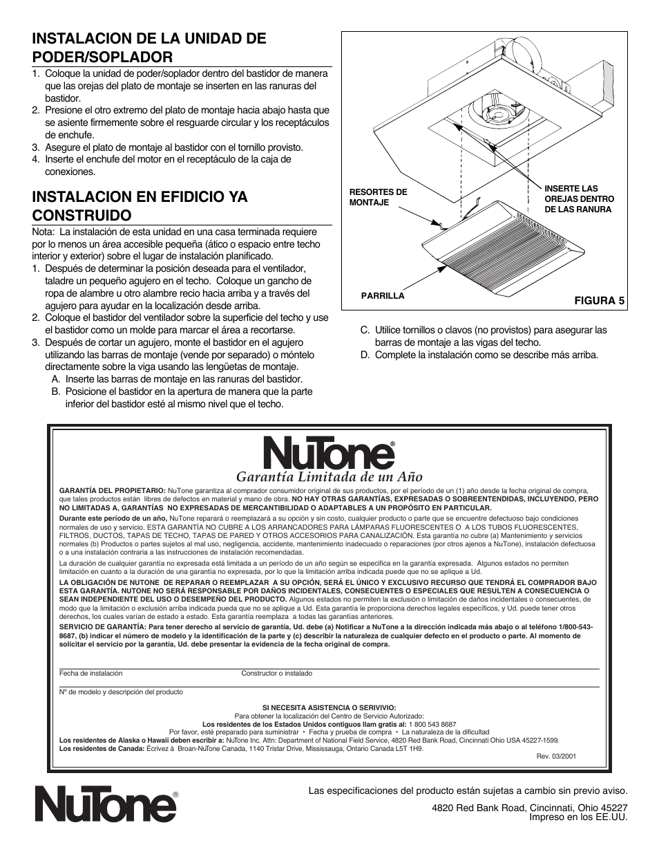 Instalacion de la unidad de poder/soplador, Instalacion en efidicio ya construido, Garantía limitada de un año | NuTone 8814R User Manual | Page 9 / 10