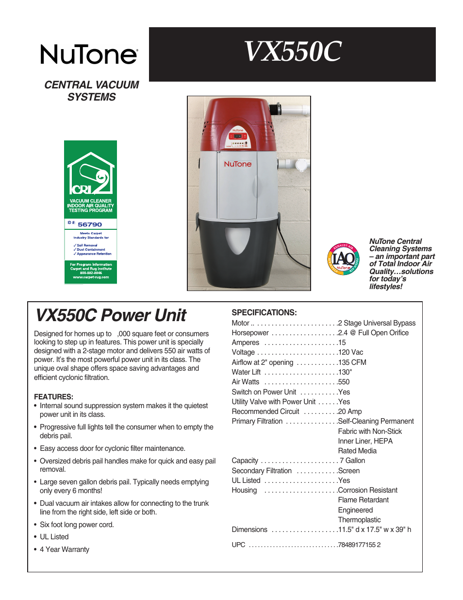 NuTone VX550C User Manual | 1 page