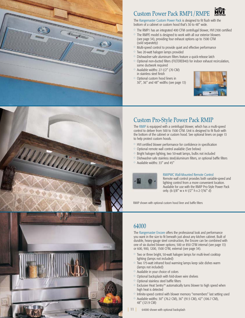 Custom power pack rmp1/rmpe, Custom pro-style power pack rmip | NuTone Ballista 61000 User Manual | Page 12 / 40