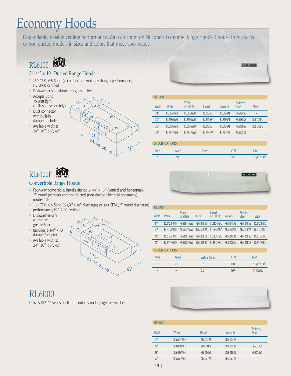 Economy hoods, Rl6000, Rl6100 | Rl6100f, 1/4" x 10" ducted range hoods, Convertible range hoods | NuTone Ballista 61000 User Manual | Page 30 / 40