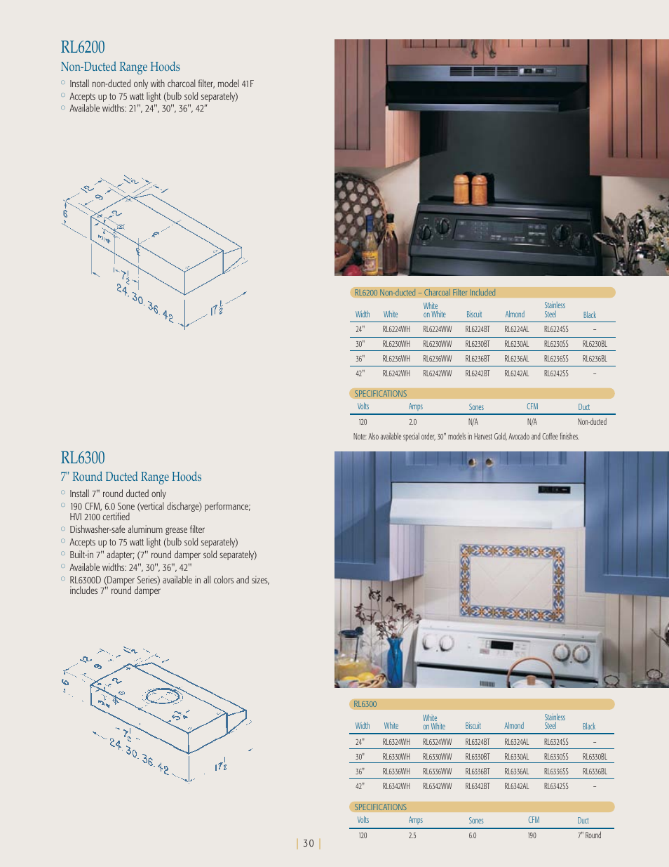 Rl6200, Rl6300, Non-ducted range hoods | 7" round ducted range hoods | NuTone Ballista 61000 User Manual | Page 31 / 40