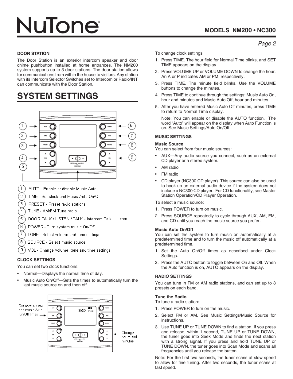 System settings | NuTone nm200 User Manual | Page 2 / 8