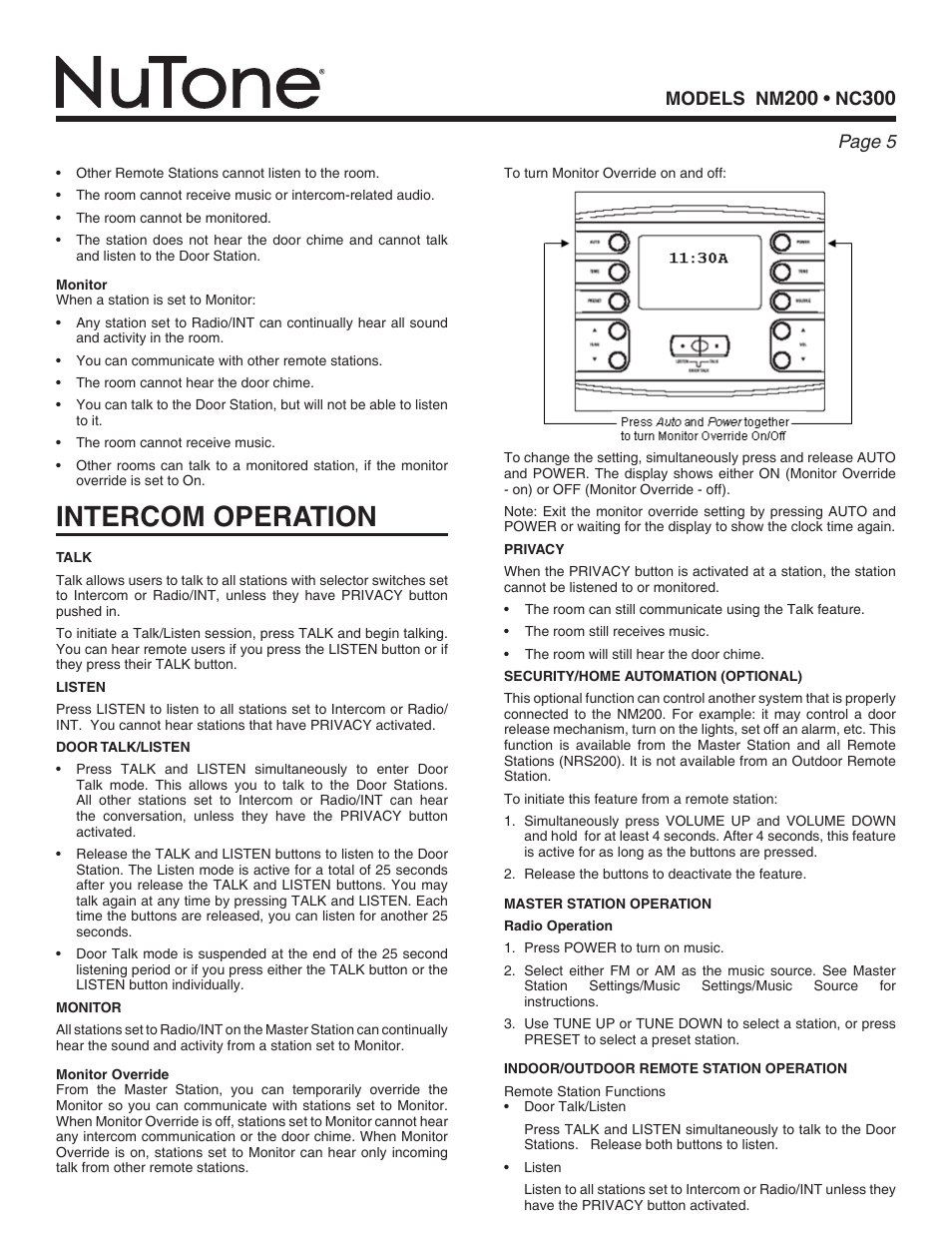 Intercom operation, Models nm, Page | NuTone nm200 User Manual | Page 5 / 8