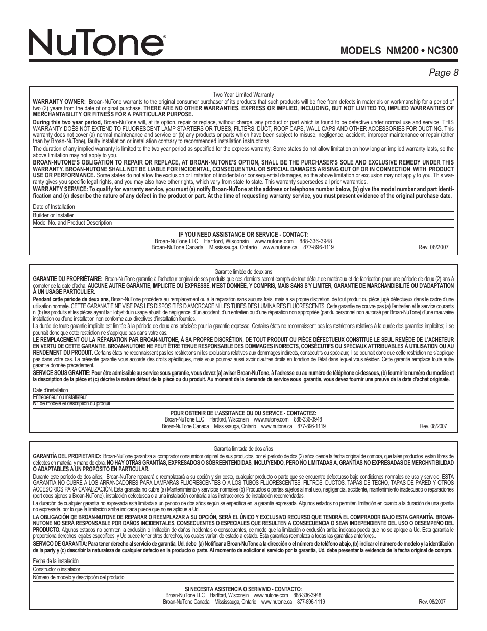 Models nm, Page | NuTone nm200 User Manual | Page 8 / 8