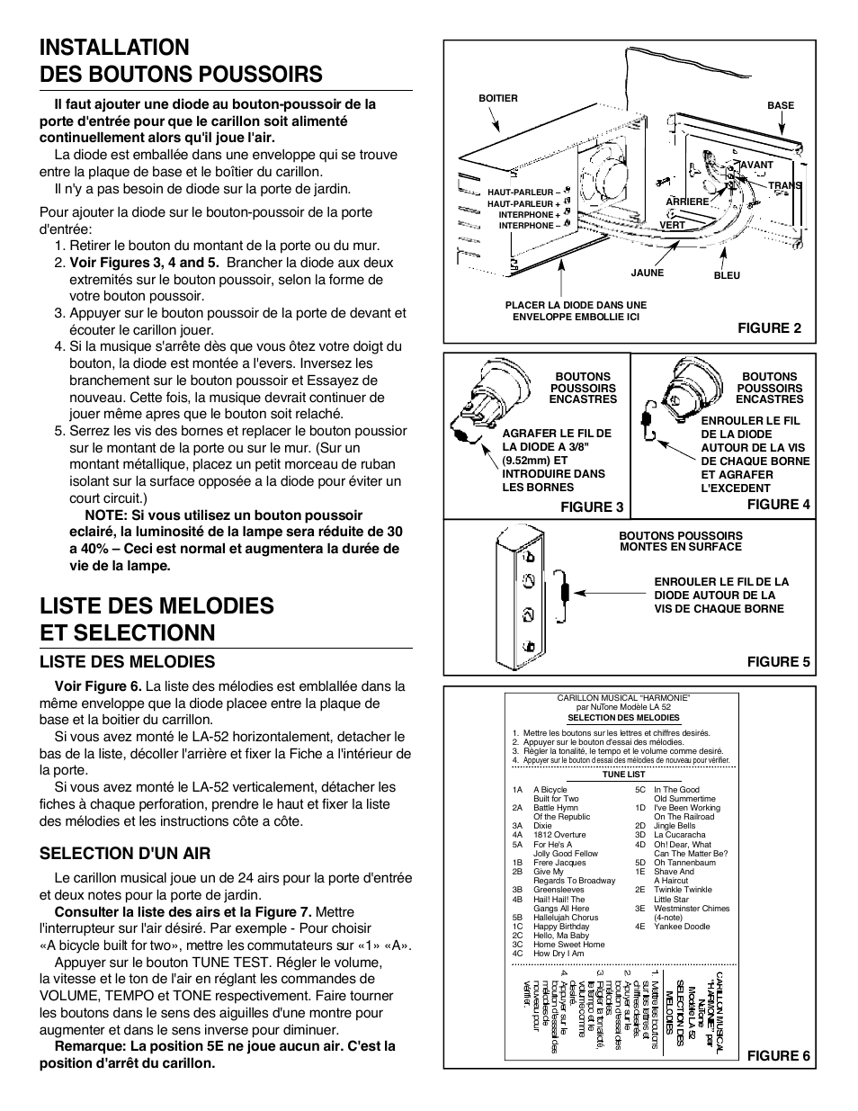 Liste des melodies et selectionn, Liste des melodies, Selection d'un air | Figure 2, Figure 3 figure 5 figure 4, Figure 6 | NuTone LA-52 Series User Manual | Page 10 / 12