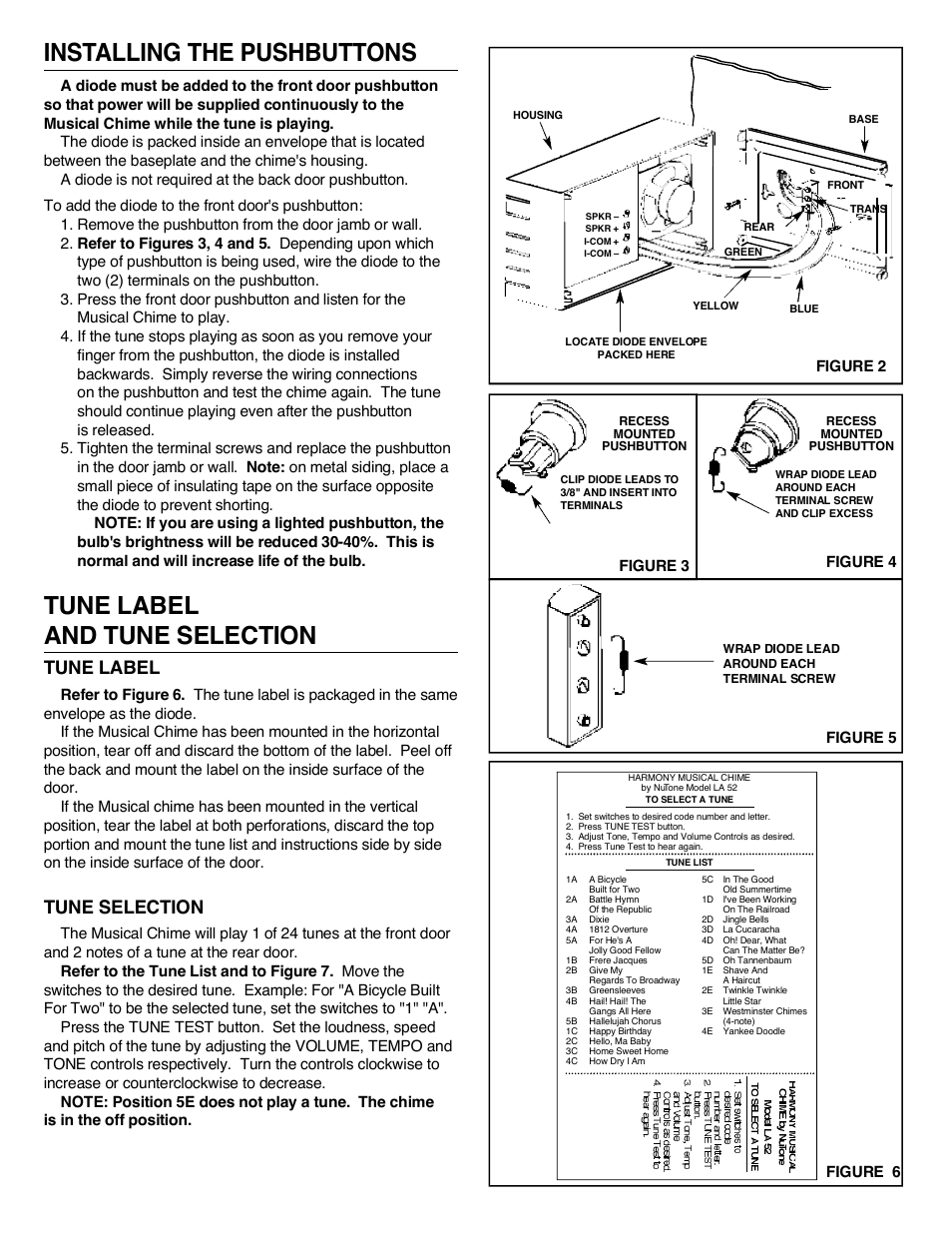 Tune label and tune selection, Tune label, Tune selection | Figure 2, Figure 3 figure 5 figure 4, Figure 6 | NuTone LA-52 Series User Manual | Page 2 / 12