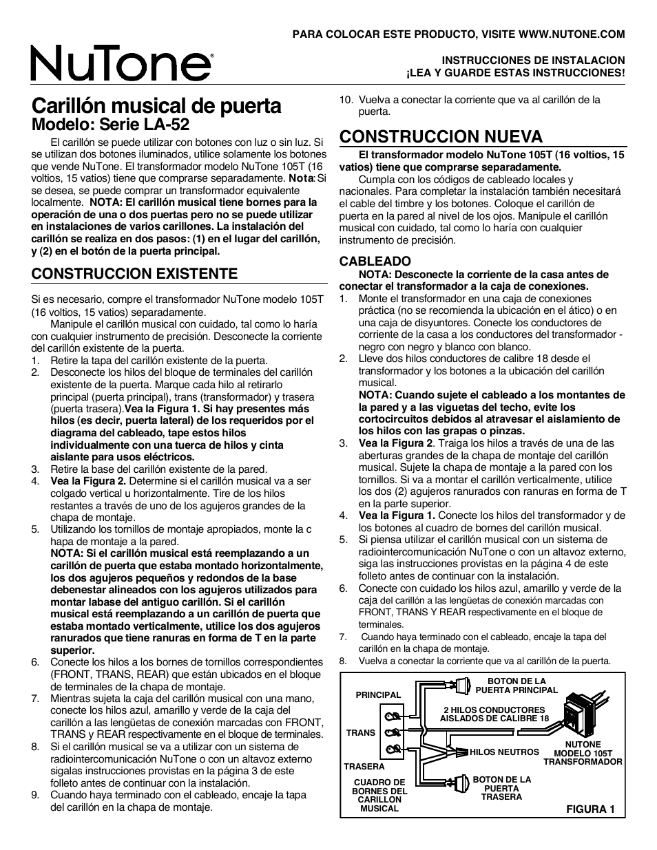 Carillón musical de puerta, Modelo: serie la-52, Construccion nueva | Construccion existente | NuTone LA-52 Series User Manual | Page 5 / 12