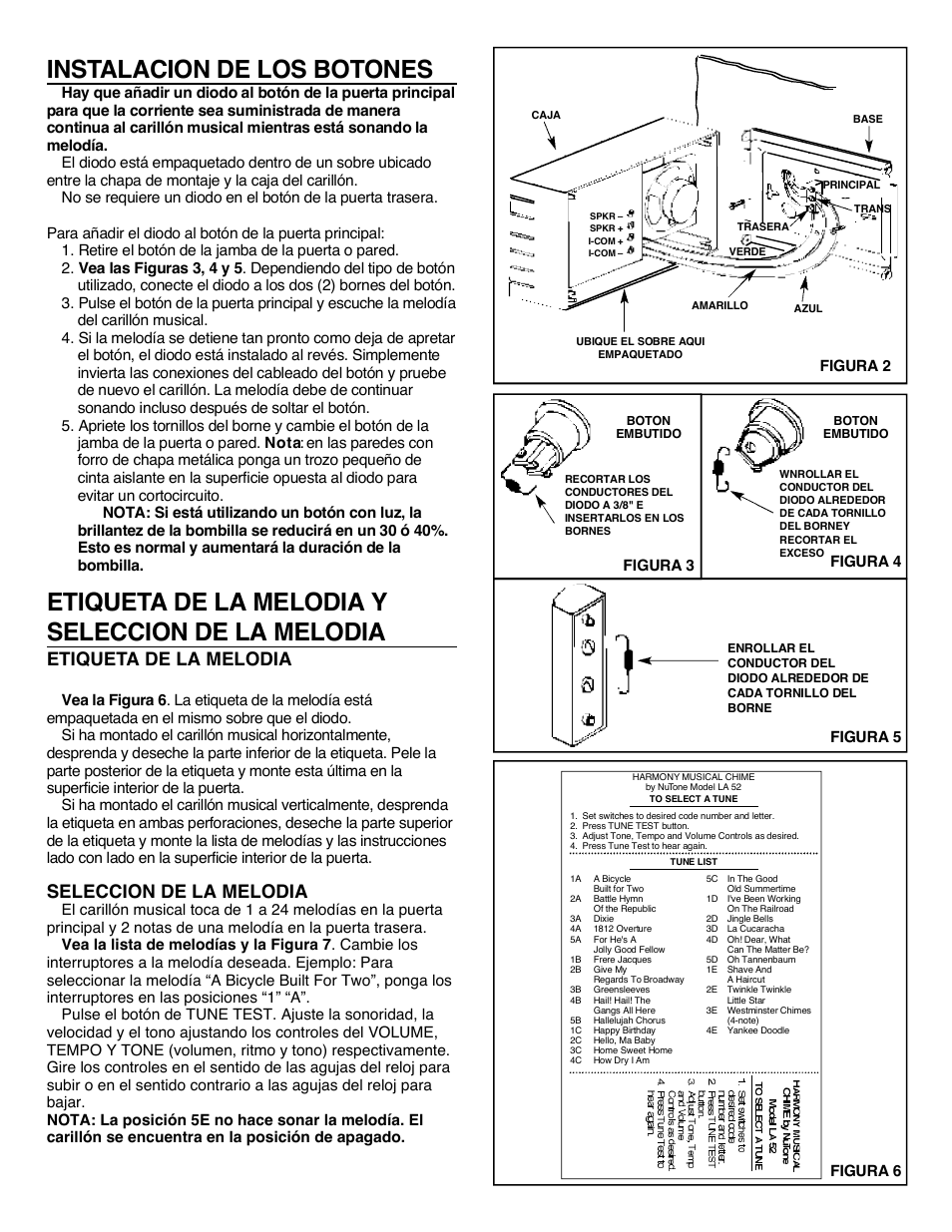 I n s talacion de los boto n e s, Etiqueta de la melodia, Seleccion de la melodia | Figura 2, Figura 3 figura 5 figura 4, Figura 6 | NuTone LA-52 Series User Manual | Page 6 / 12