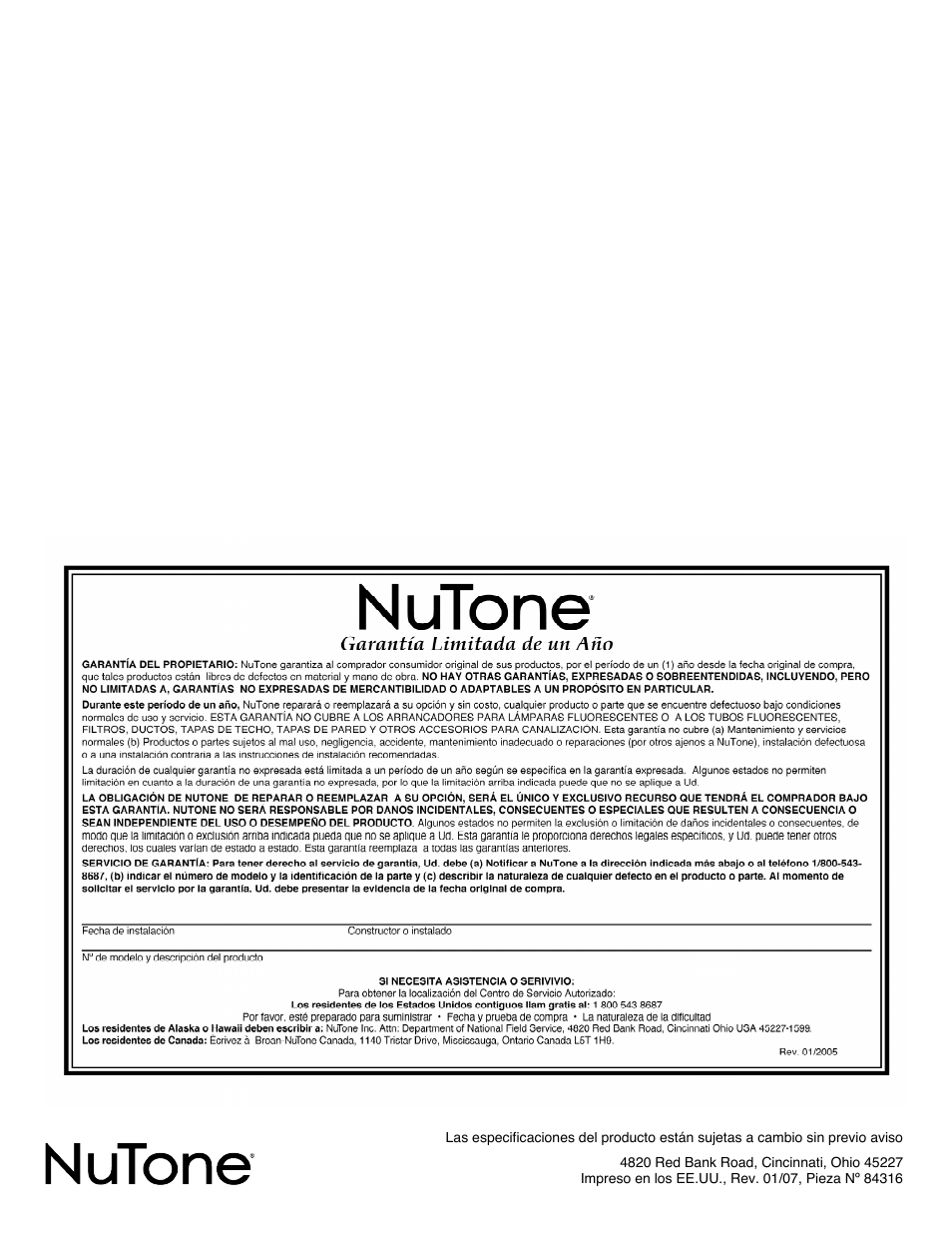 NuTone LA-52 Series User Manual | Page 8 / 12
