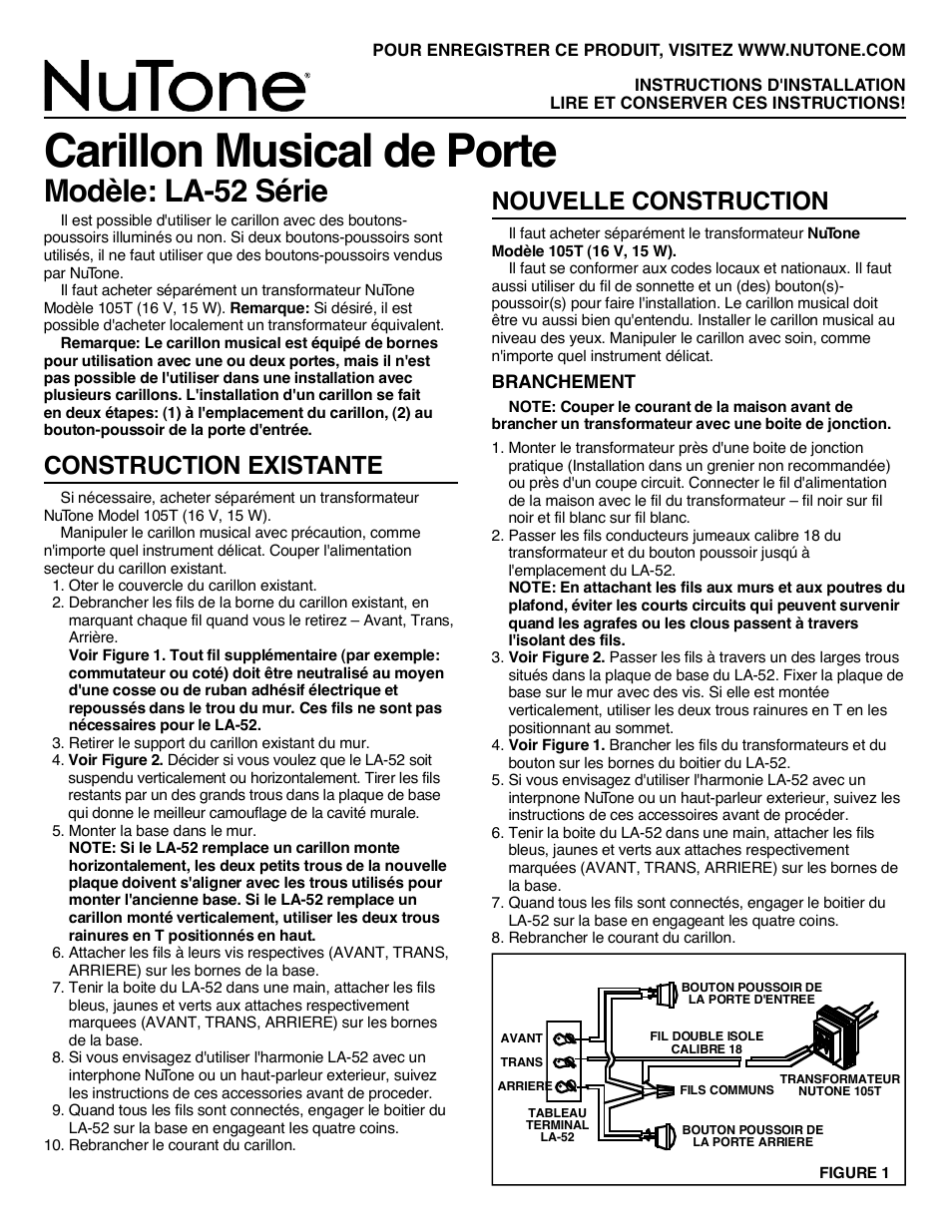 Carillon musical de porte, Modèle: la-52 série, Nouvelle construction | Construction exista n t e | NuTone LA-52 Series User Manual | Page 9 / 12