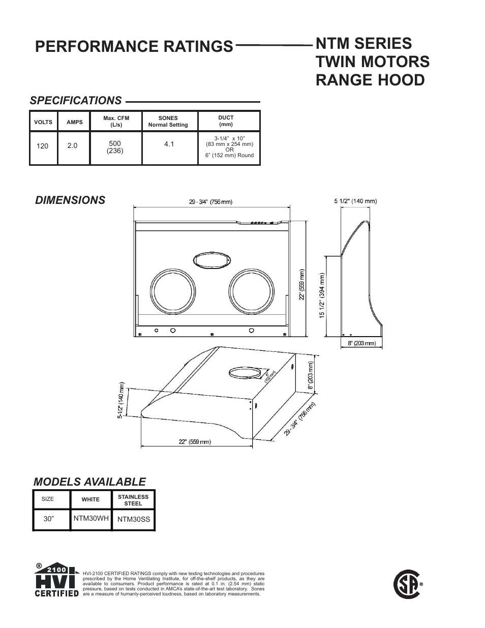 Models available, Dimensions specifications | NuTone NTM Series User Manual | Page 2 / 2