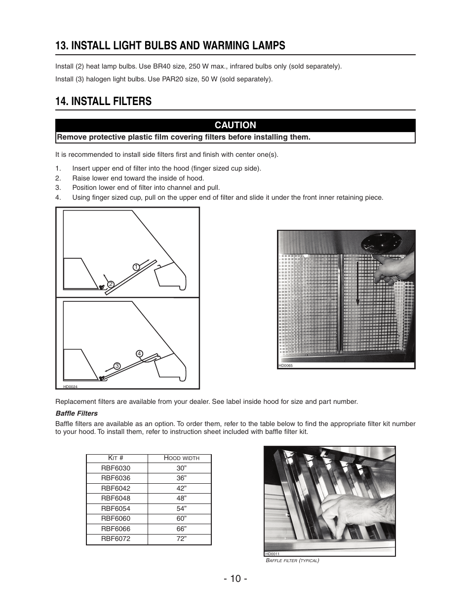 Install light bulbs and warming lamps, Install filters, Caution | NuTone NP60000 User Manual | Page 10 / 12