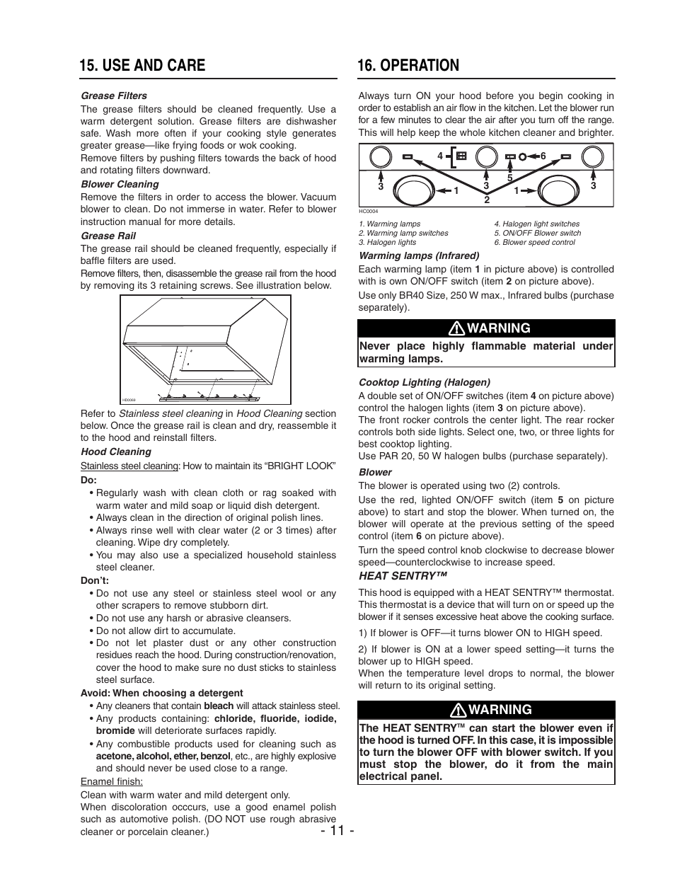 Use and care, Operation, Warning | NuTone NP60000 User Manual | Page 11 / 12