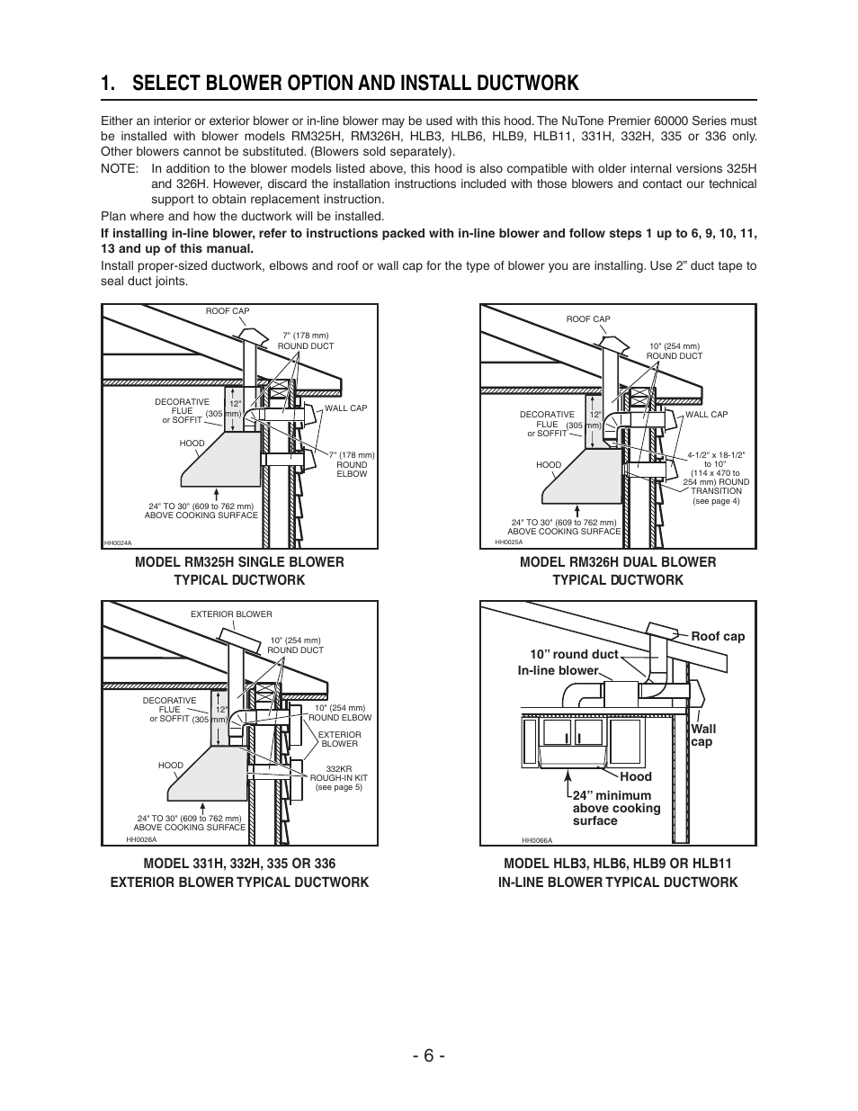 Select blower option and install ductwork, Model rm325h single blower typical ductwork, Model rm326h dual blower typical ductwork | In-line blower 10” round duct | NuTone NP60000 User Manual | Page 6 / 12