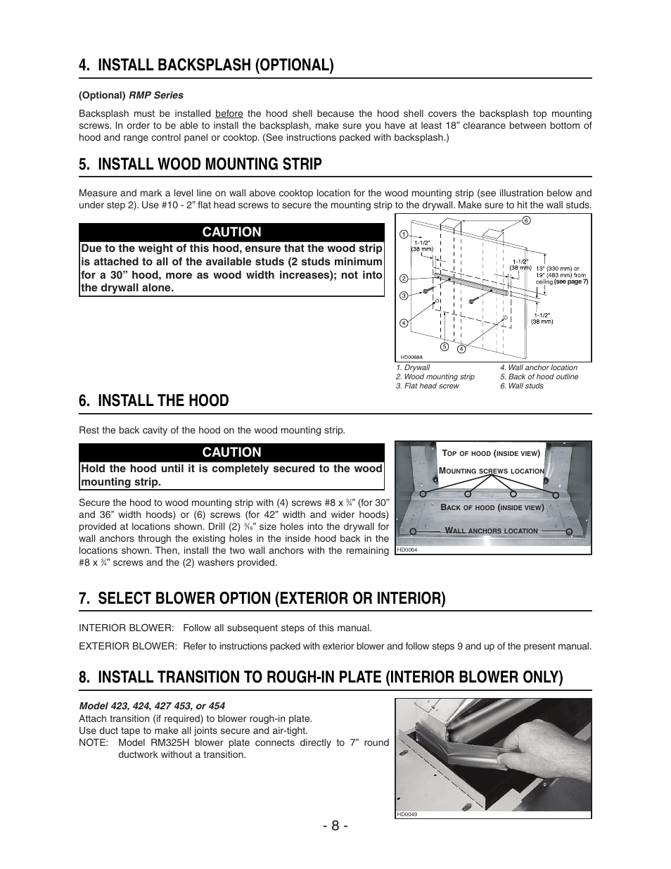 Install wood mounting strip, Install the hood, Install backsplash (optional) | Select blower option (exterior or interior), Caution | NuTone NP60000 User Manual | Page 8 / 12