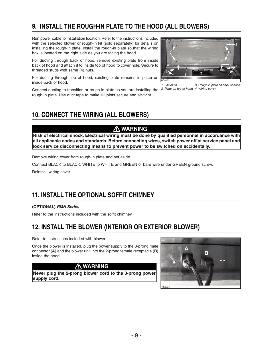 Connect the wiring (all blowers), Install the optional soffit chimney, Install the blower (interior or exterior blower) | NuTone NP60000 User Manual | Page 9 / 12