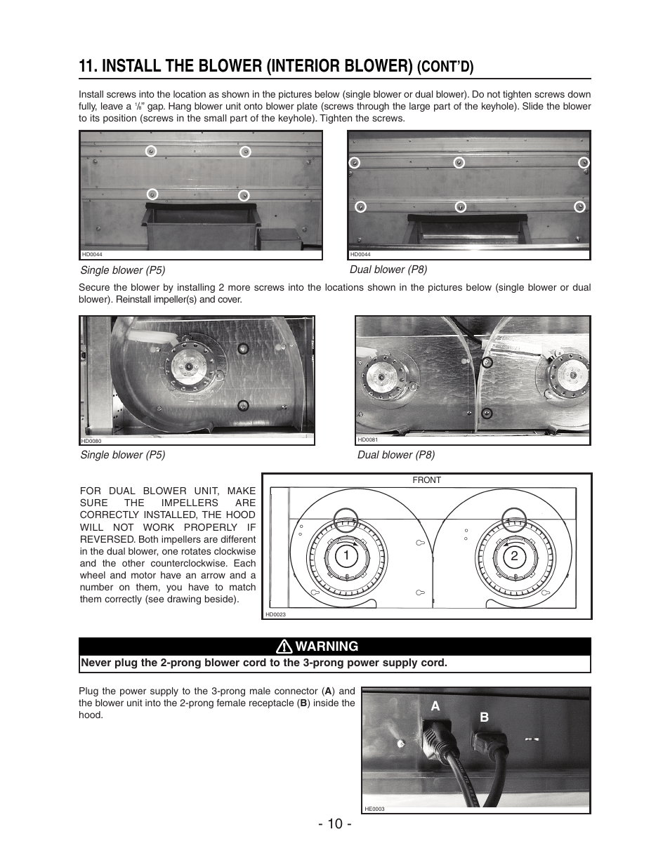 Install the blower (interior blower), Cont’d), Warning | NuTone NP64000 User Manual | Page 10 / 16