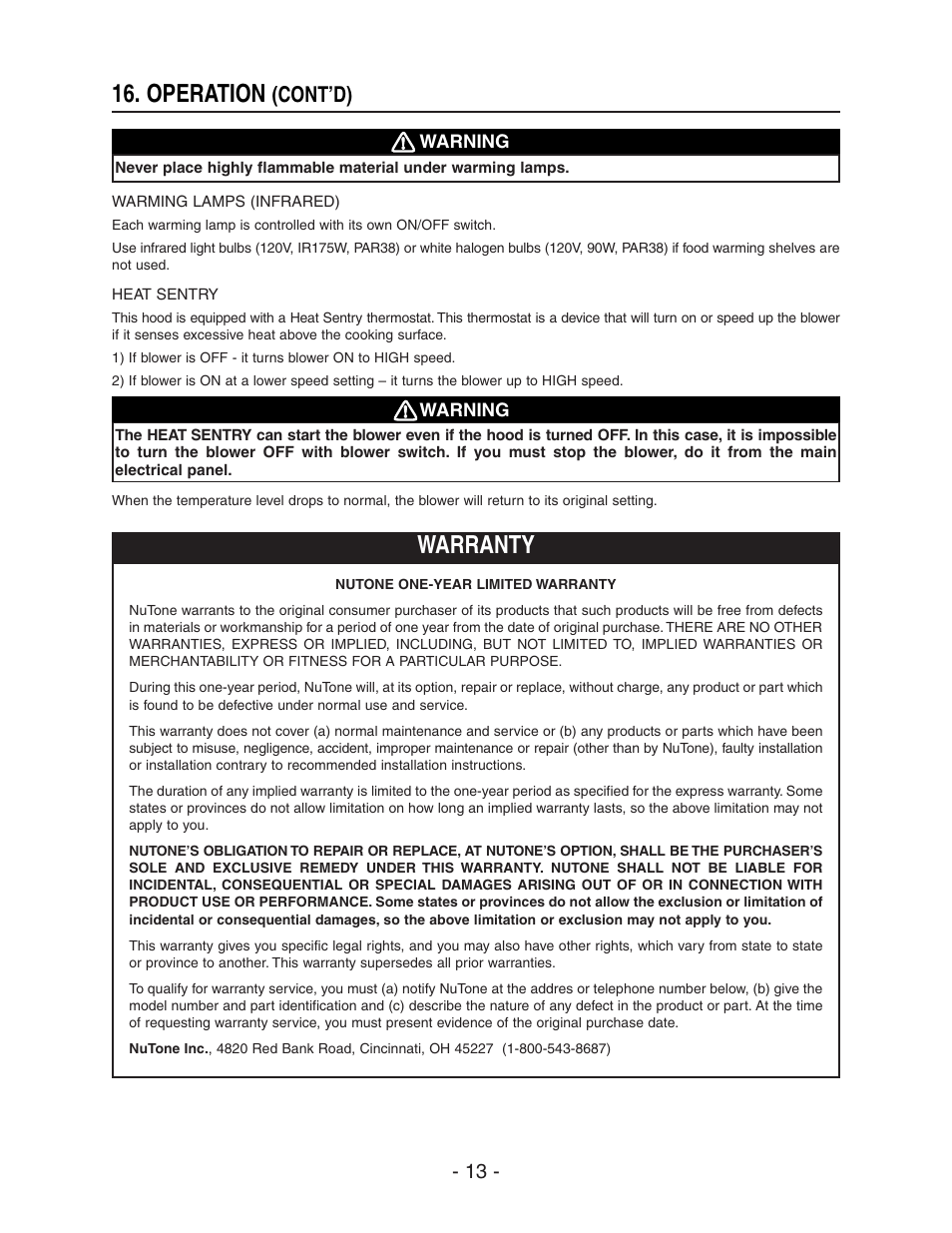Operation, Warranty, Cont’d) | NuTone NP64000 User Manual | Page 13 / 16