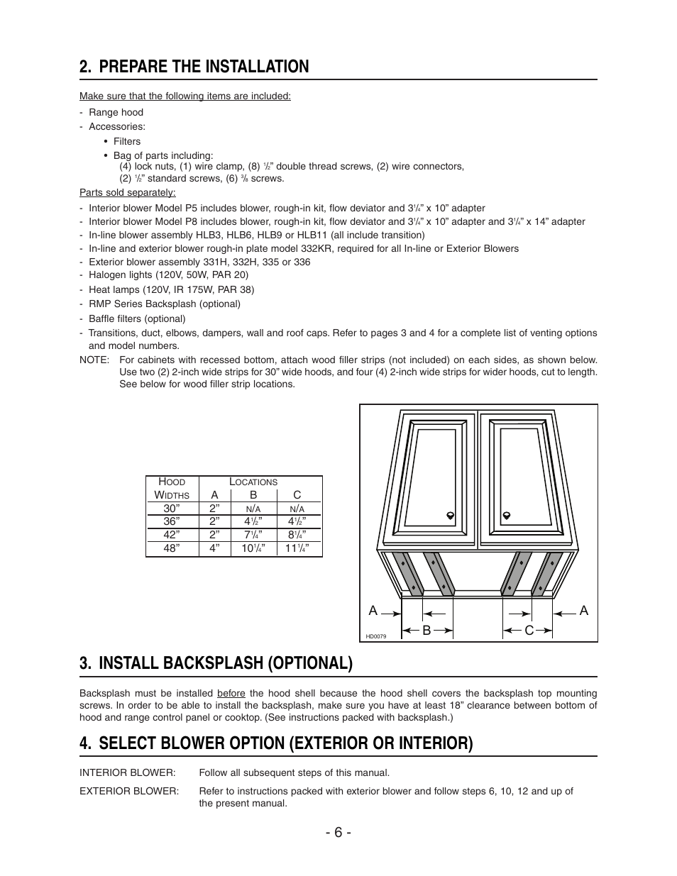 Prepare the installation, Install backsplash (optional), Select blower option (exterior or interior) | Ab c | NuTone NP64000 User Manual | Page 6 / 16