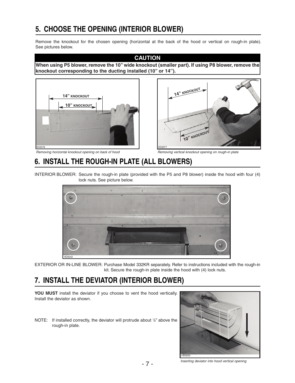 Choose the opening (interior blower), Install the rough-in plate (all blowers), Install the deviator (interior blower) | Caution | NuTone NP64000 User Manual | Page 7 / 16