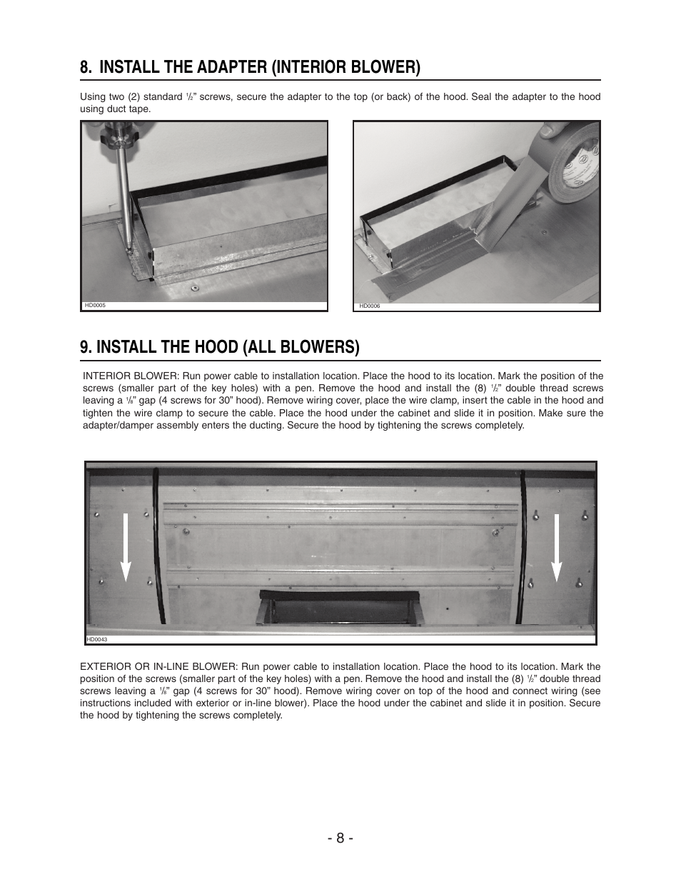 Install the adapter (interior blower), Install the hood (all blowers) | NuTone NP64000 User Manual | Page 8 / 16
