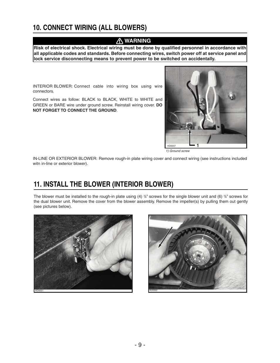 Connect wiring (all blowers), Install the blower (interior blower), Warning | NuTone NP64000 User Manual | Page 9 / 16