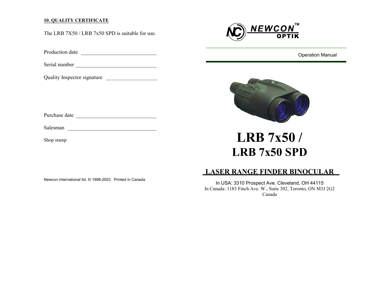 Newcon Optik LASER RANGE FINDER LRB 7X50 User Manual | 10 pages