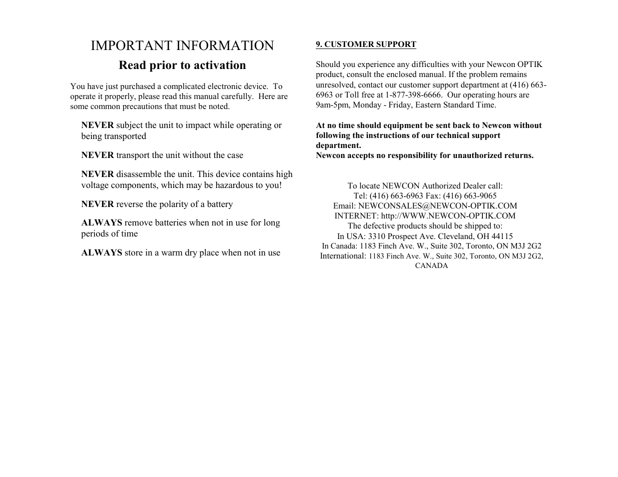 Important information, Read prior to activation | Newcon Optik LASER RANGE FINDER LRB 7X50 User Manual | Page 2 / 10