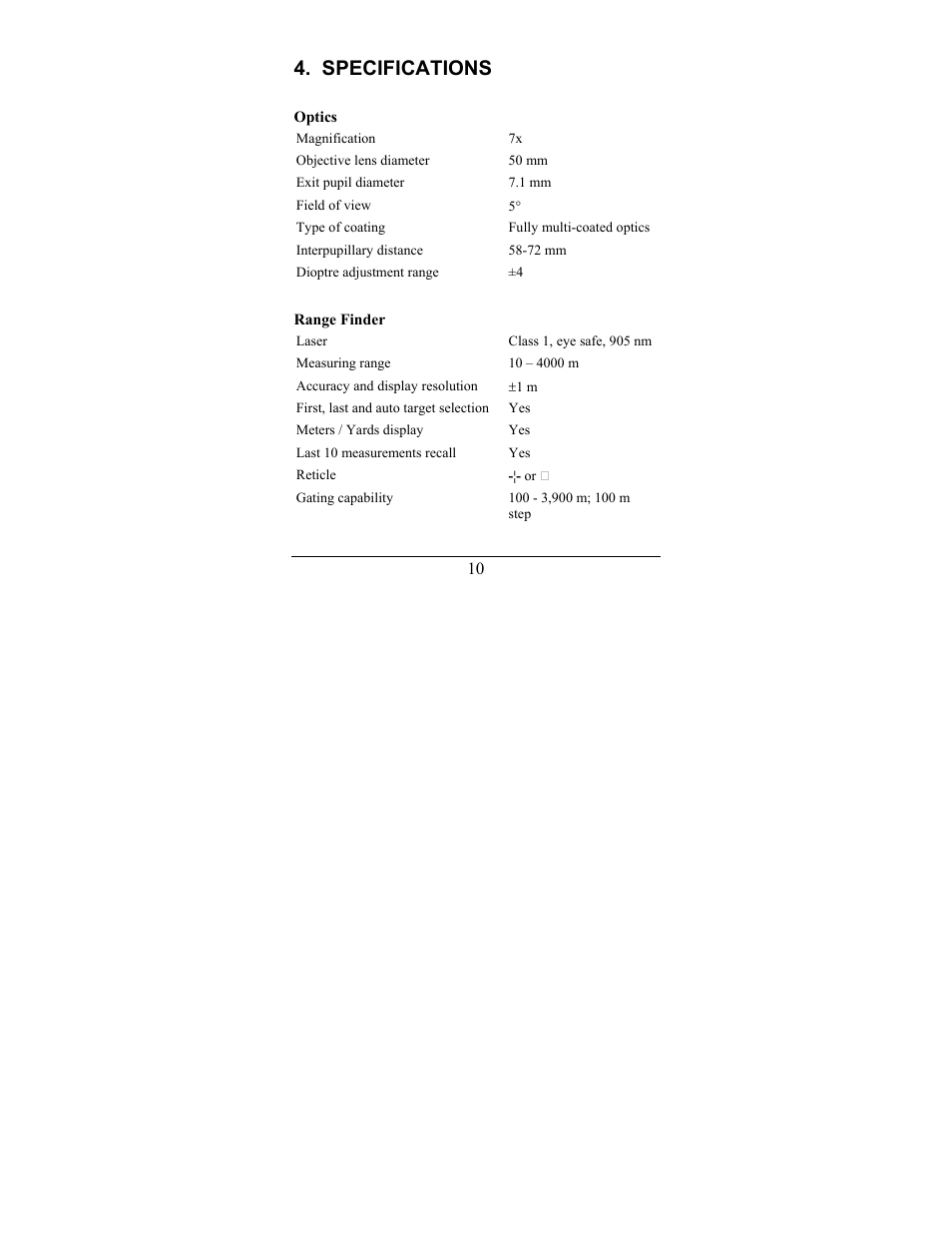 Specifications | Newcon Optik LRB 4000CI User Manual | Page 11 / 36