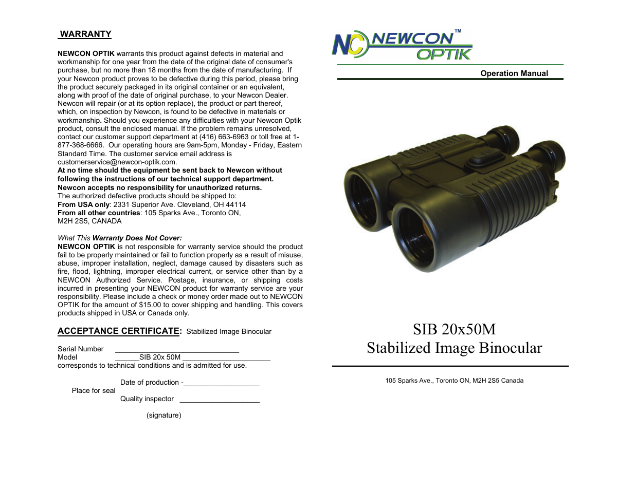 Newcon Optik SIB 20X 50M User Manual | 2 pages
