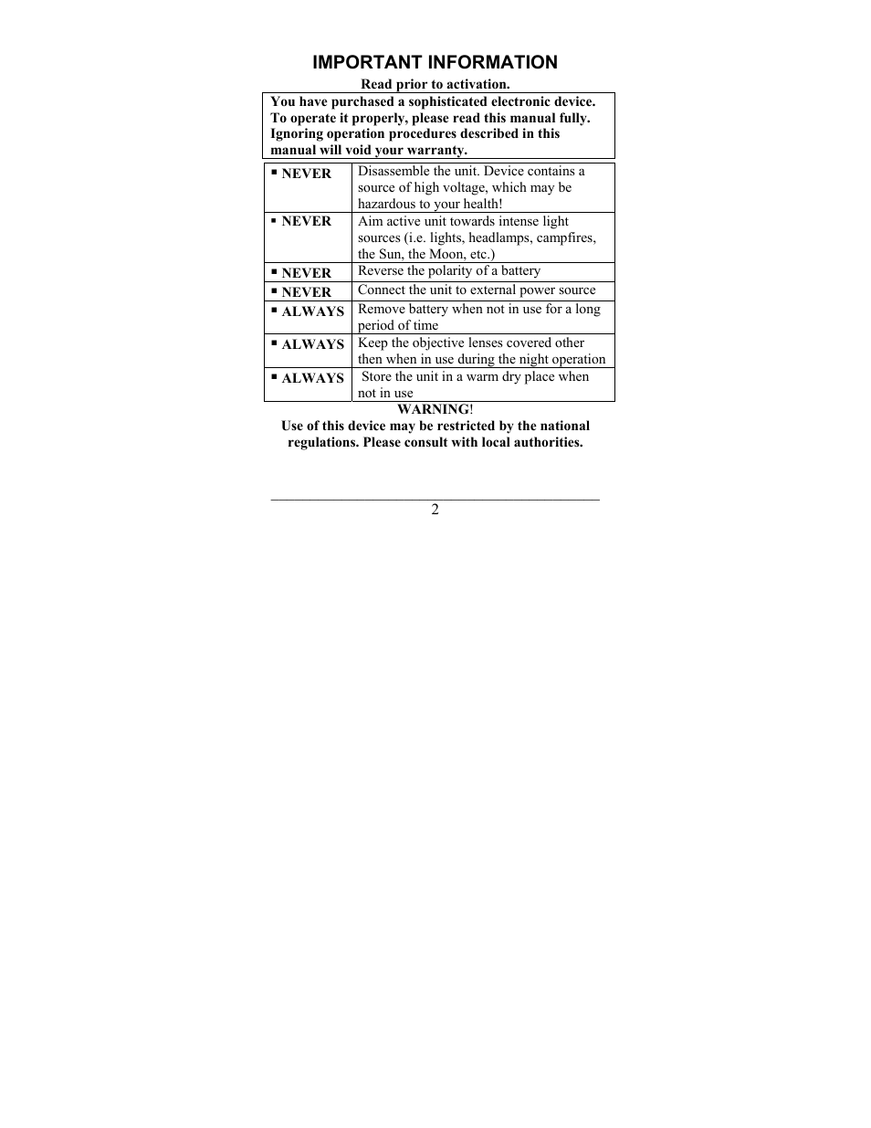 Important information | Newcon Optik NIGHT VISION ATTACHMENT NVS-33 User Manual | Page 2 / 40