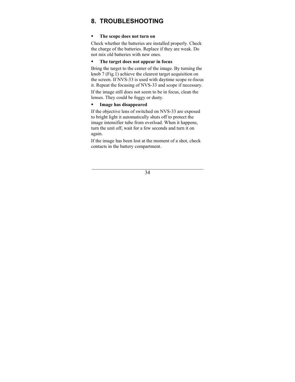Troubleshooting | Newcon Optik NIGHT VISION ATTACHMENT NVS-33 User Manual | Page 34 / 40
