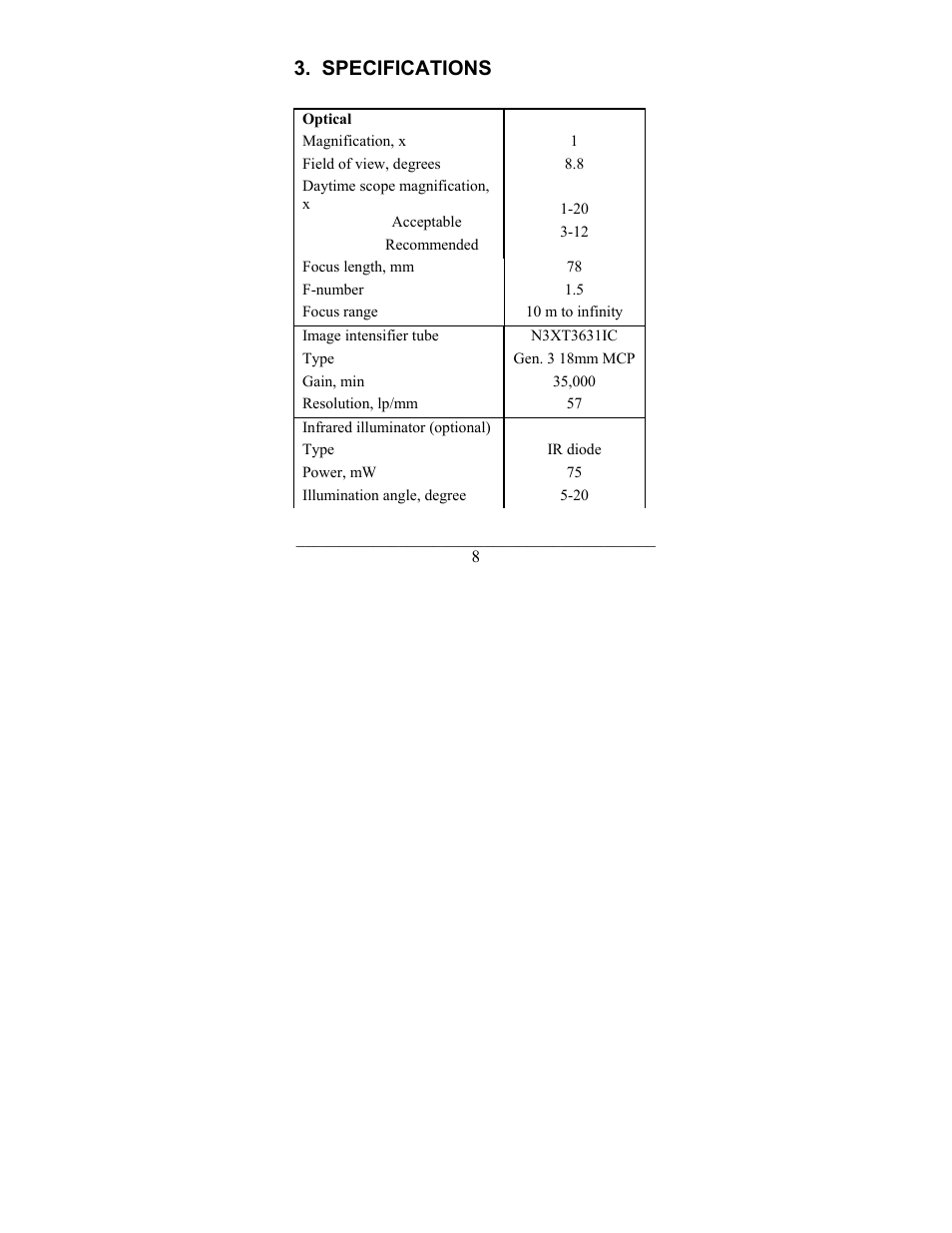 Specifications | Newcon Optik NIGHT VISION ATTACHMENT NVS-33 User Manual | Page 8 / 40