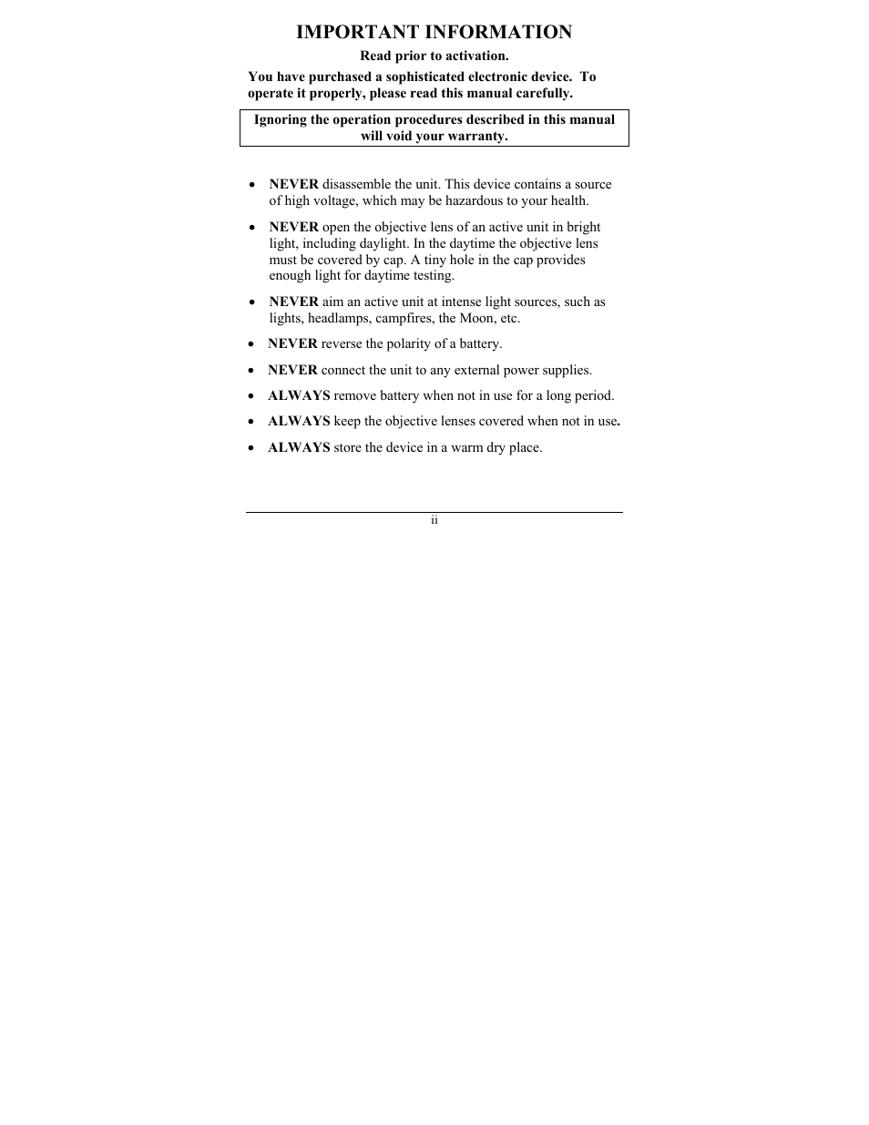 Important information | Newcon Optik NVS 7-4X User Manual | Page 2 / 24