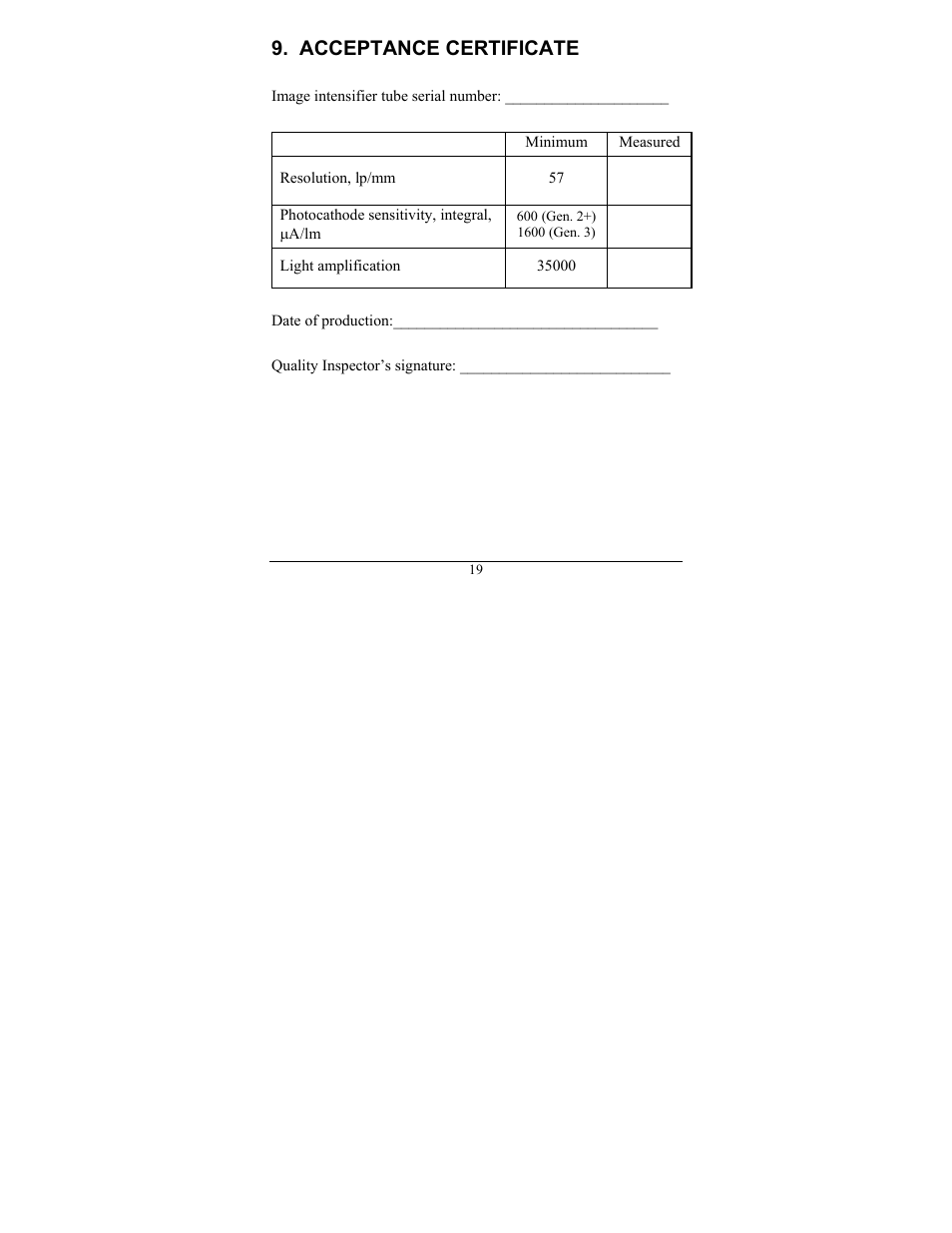 Acceptance certificate | Newcon Optik NVS 7-4X User Manual | Page 22 / 24