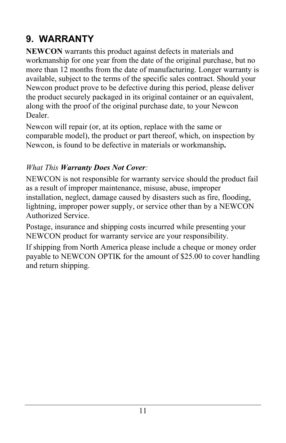 Warranty | Newcon Optik NVS 22-2XT User Manual | Page 13 / 16