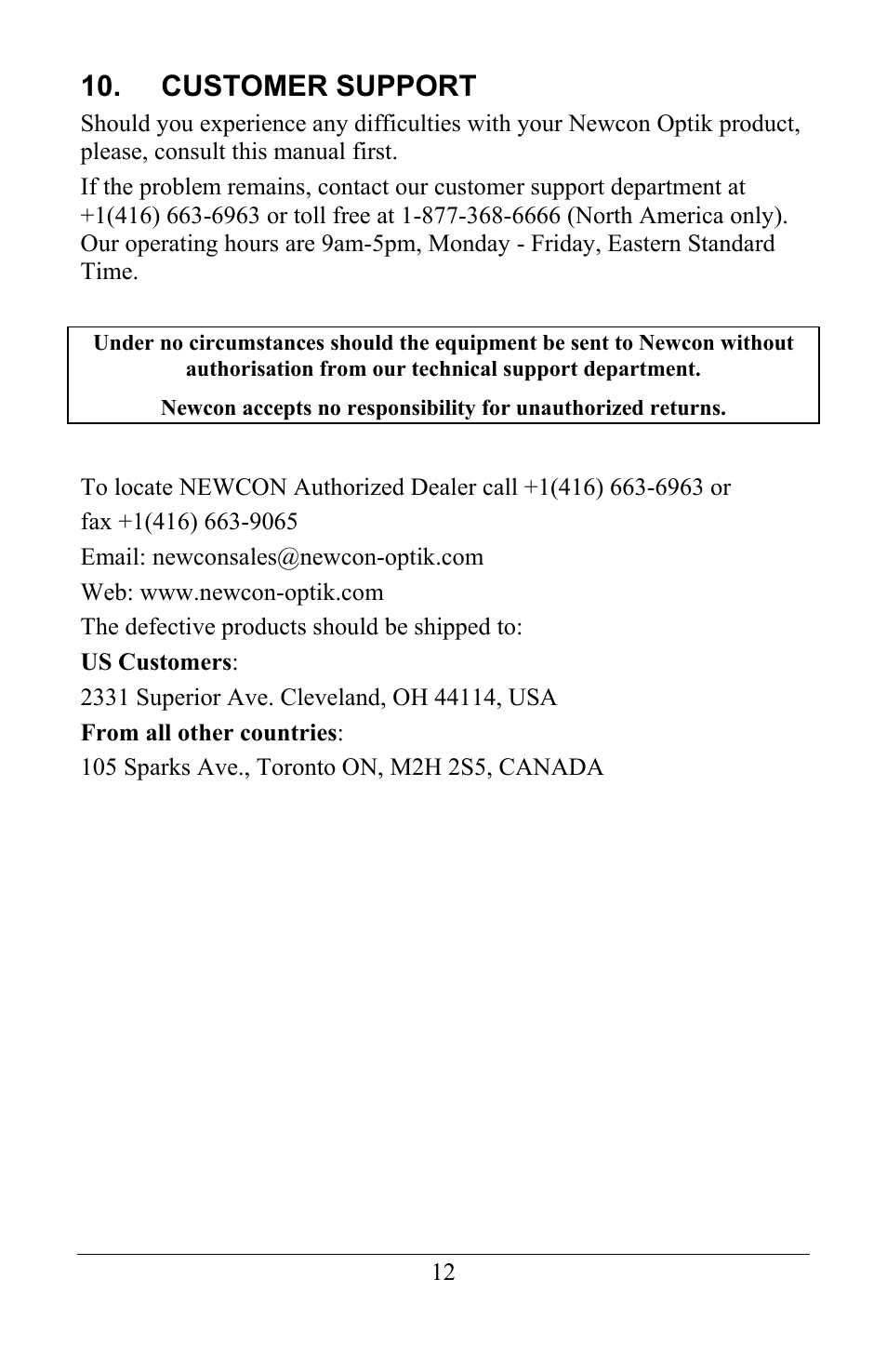 Customer support | Newcon Optik NVS 22-2XT User Manual | Page 14 / 16