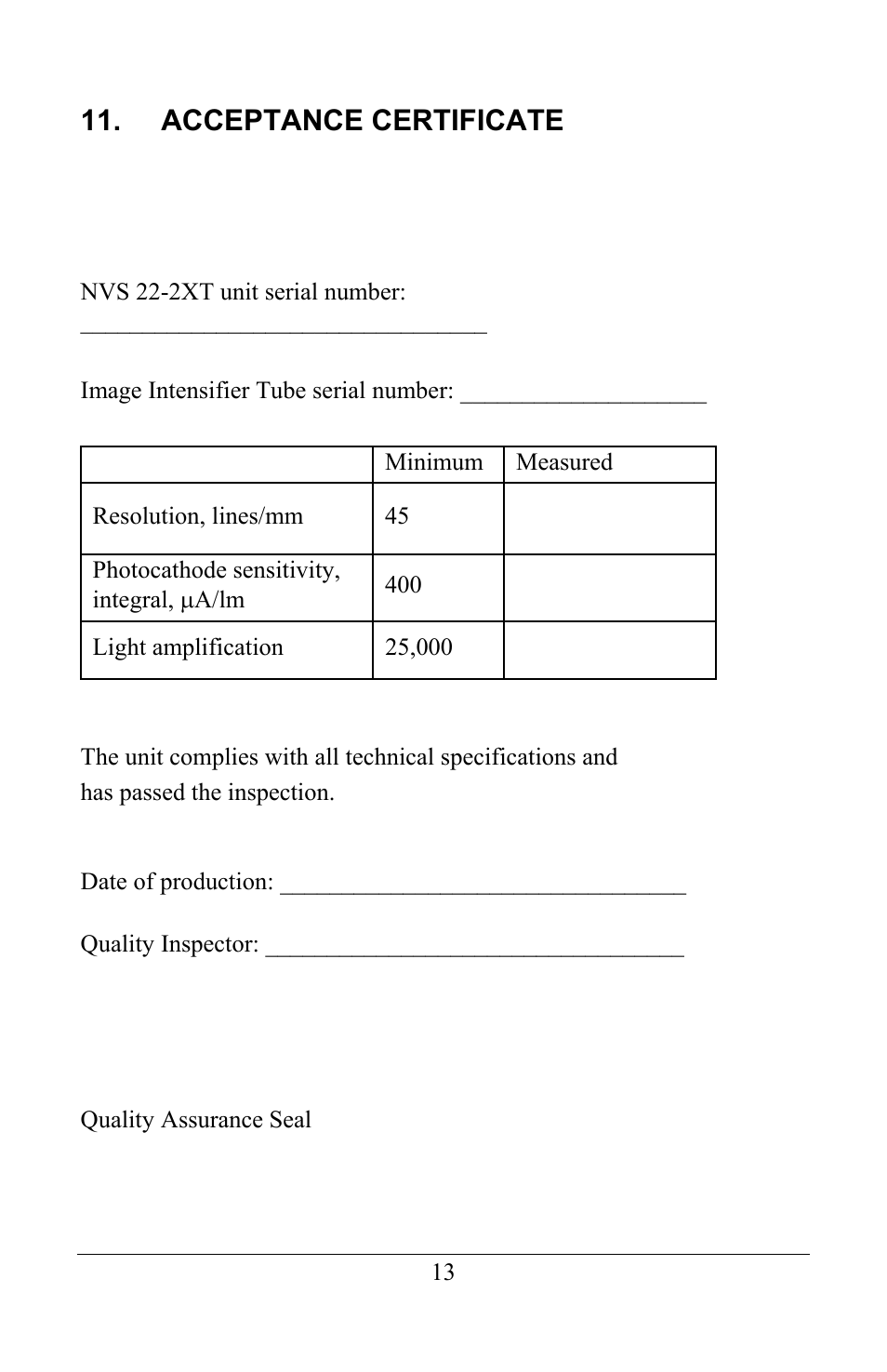 Acceptance certificate | Newcon Optik NVS 22-2XT User Manual | Page 15 / 16
