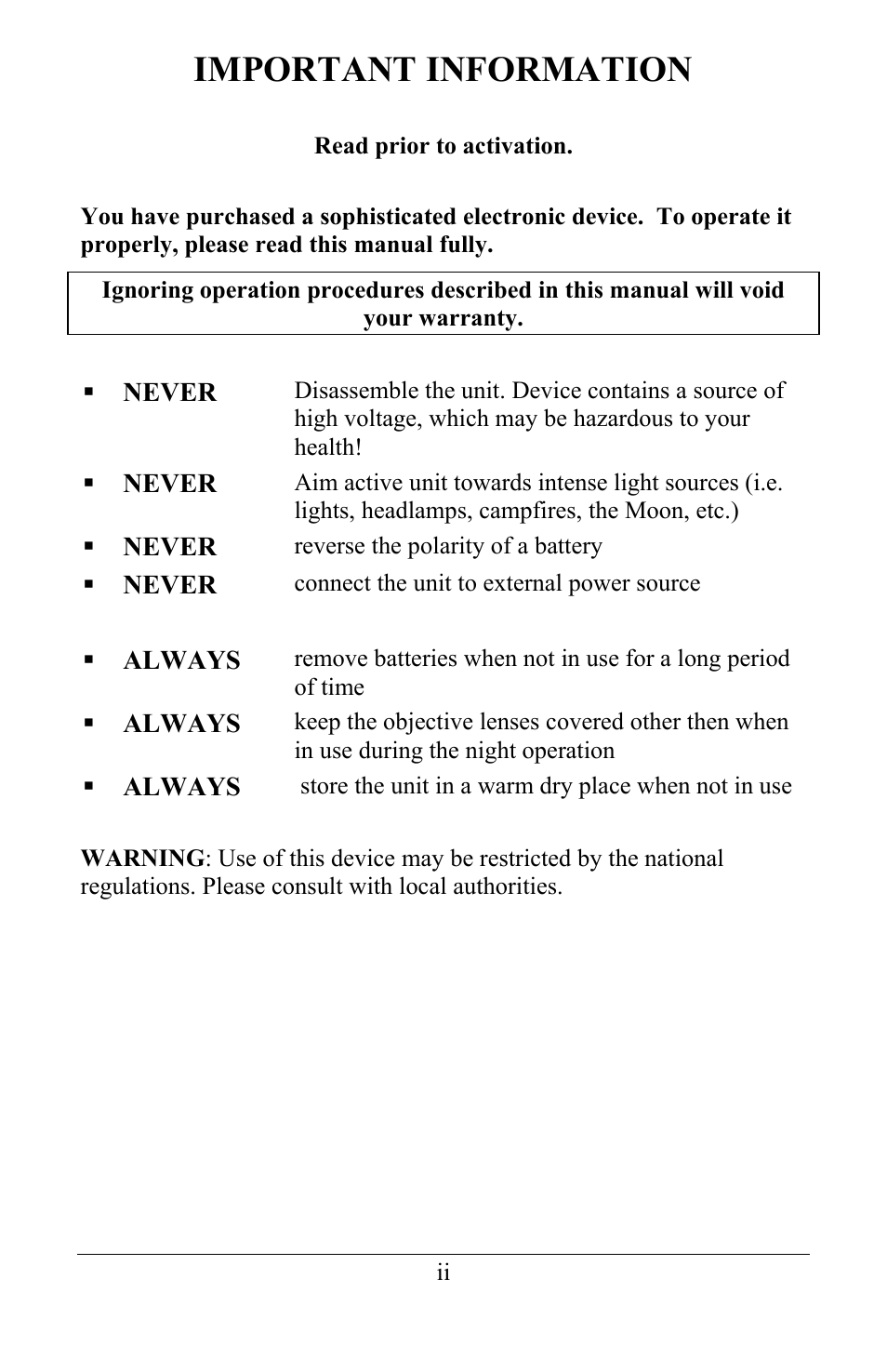 Important information | Newcon Optik NVS 22-2XT User Manual | Page 2 / 16
