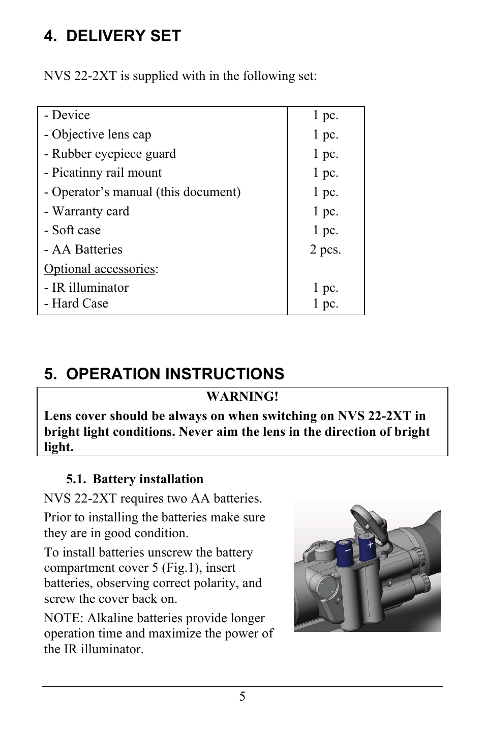 Delivery set, Operation instructions | Newcon Optik NVS 22-2XT User Manual | Page 7 / 16