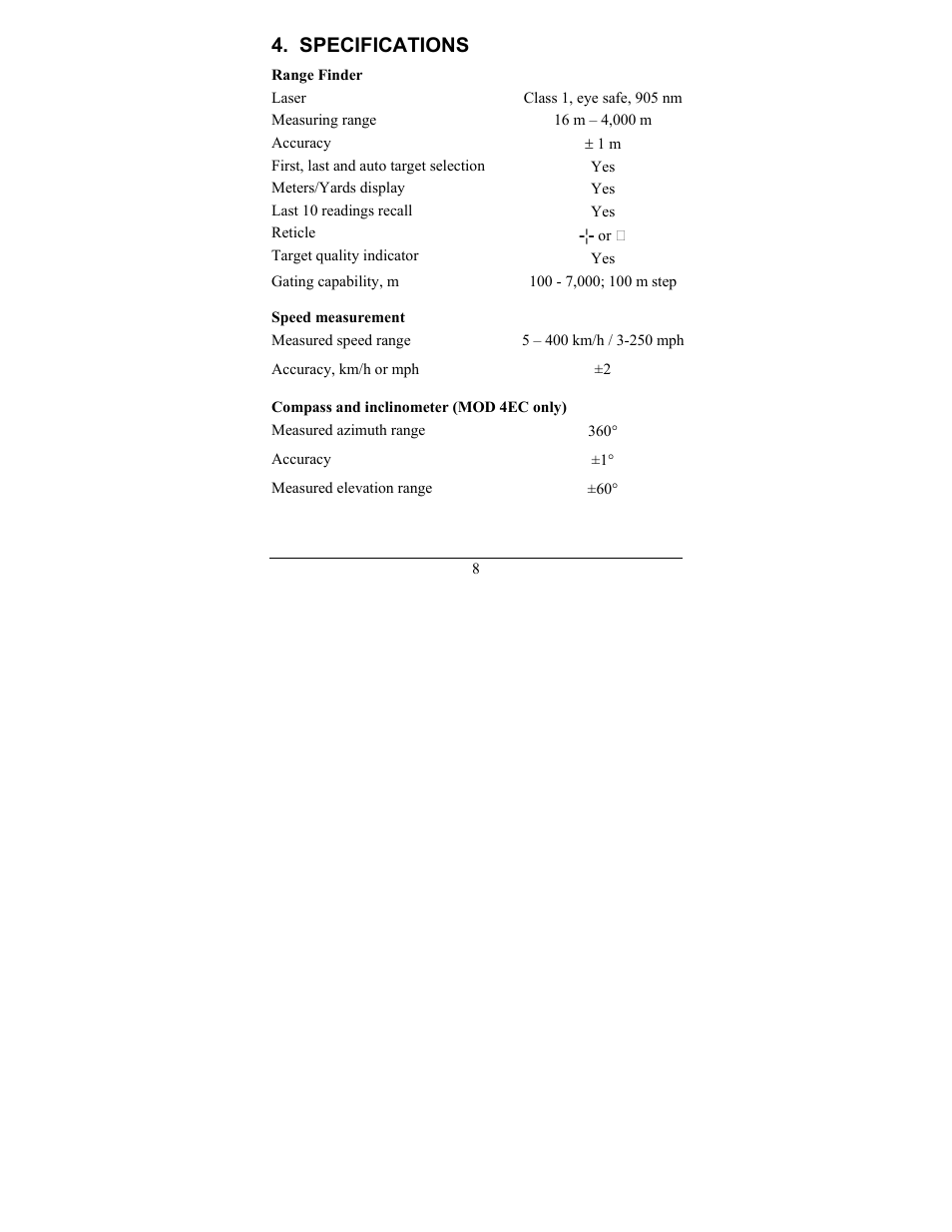 Specifications | Newcon Optik LRF MOD 4EC User Manual | Page 11 / 40