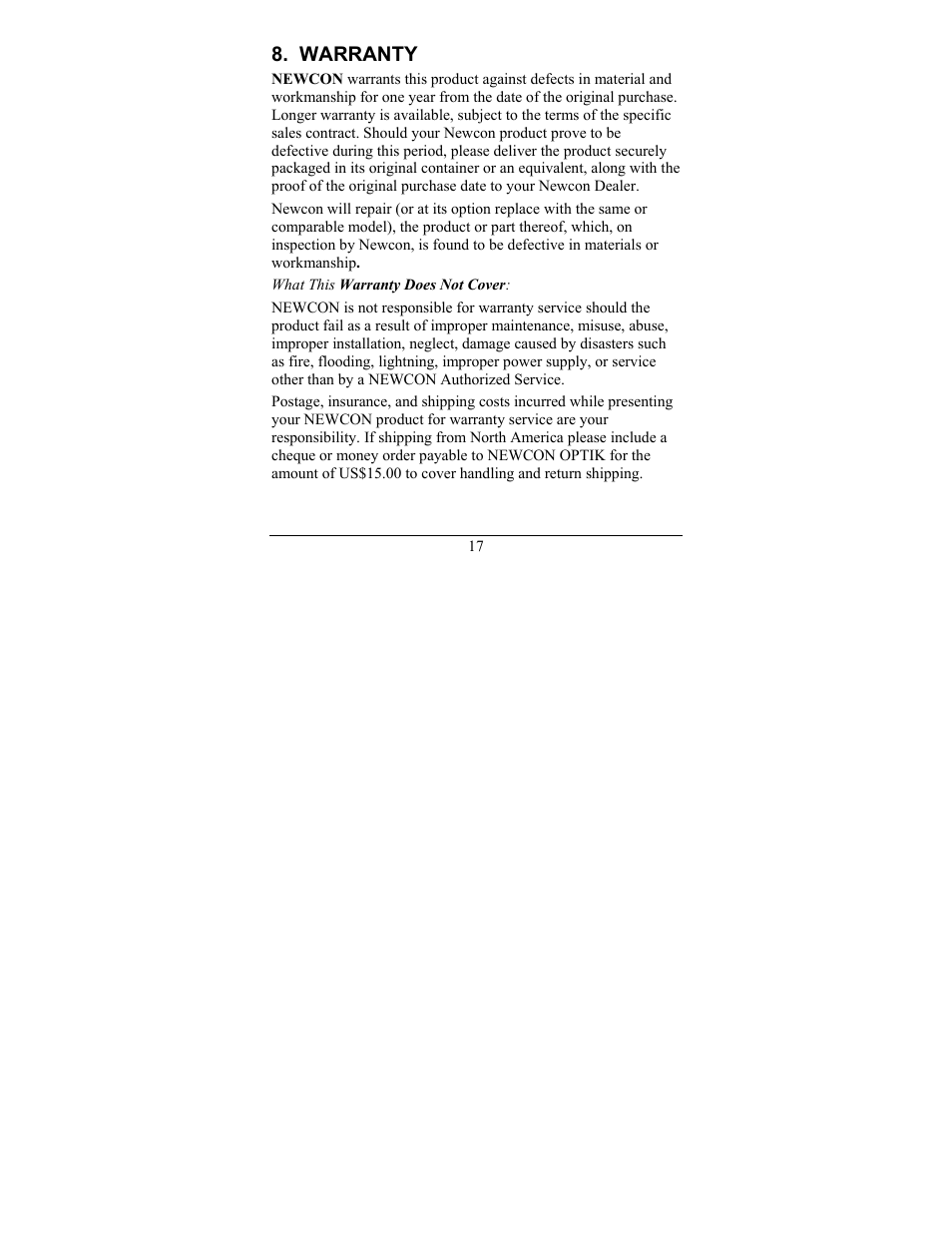 Warranty | Newcon Optik NEWCON LRM1500SPD User Manual | Page 20 / 24