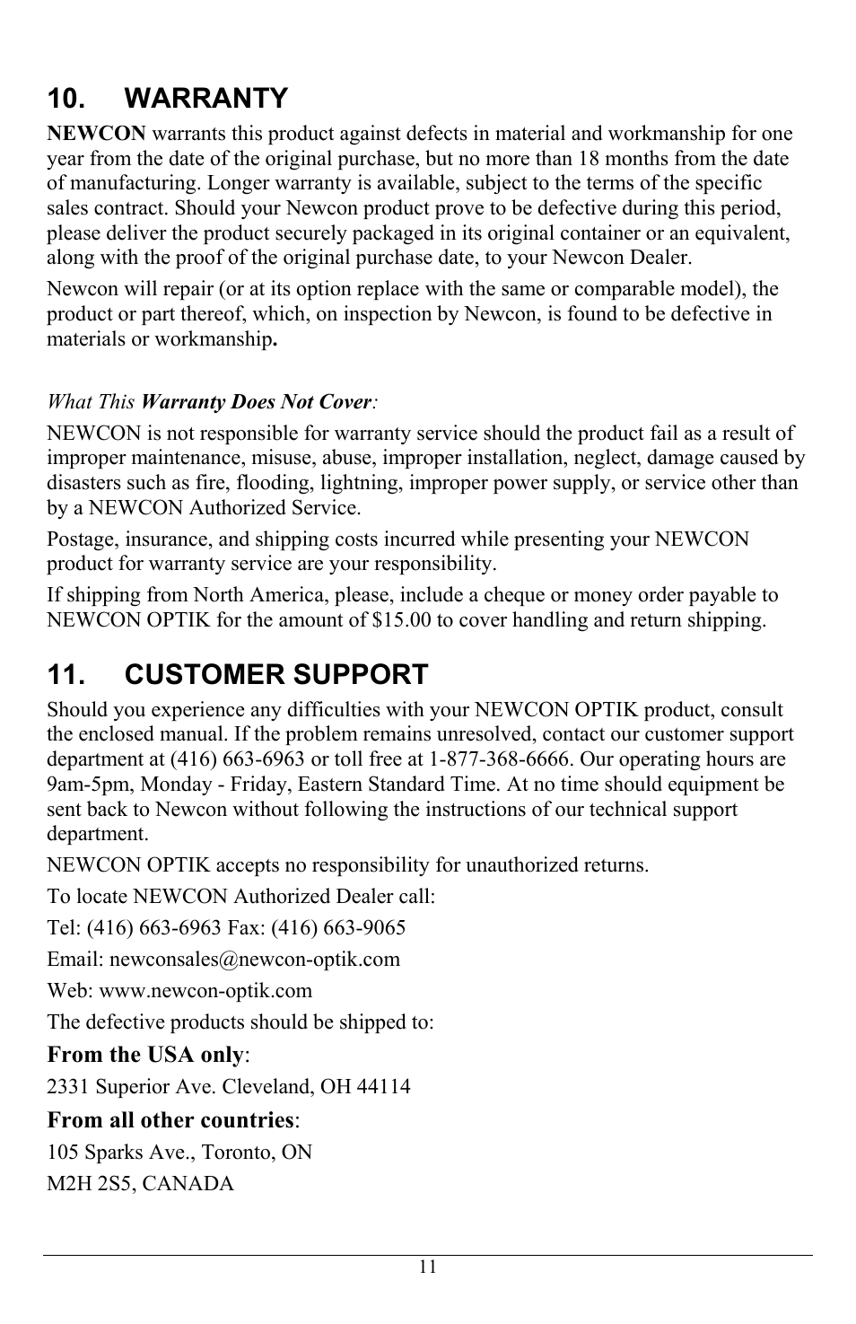 Warranty, Customer support | Newcon Optik DN483 User Manual | Page 14 / 16