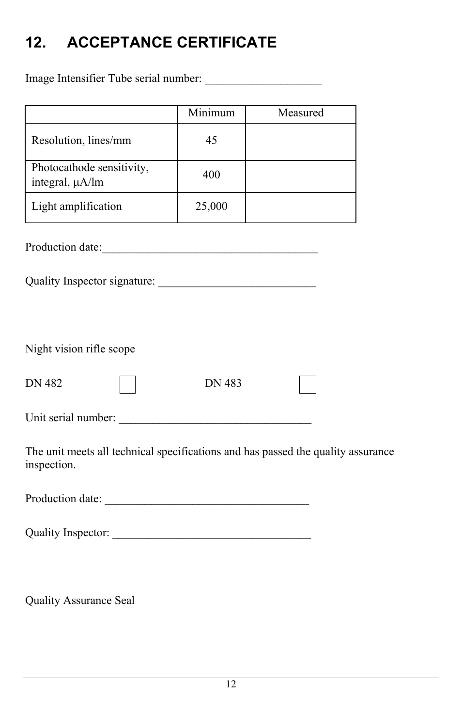 Acceptance certificate | Newcon Optik DN483 User Manual | Page 15 / 16
