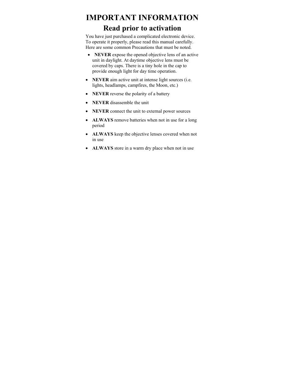 Important information, Read prior to activation | Newcon Optik 150 User Manual | Page 3 / 20