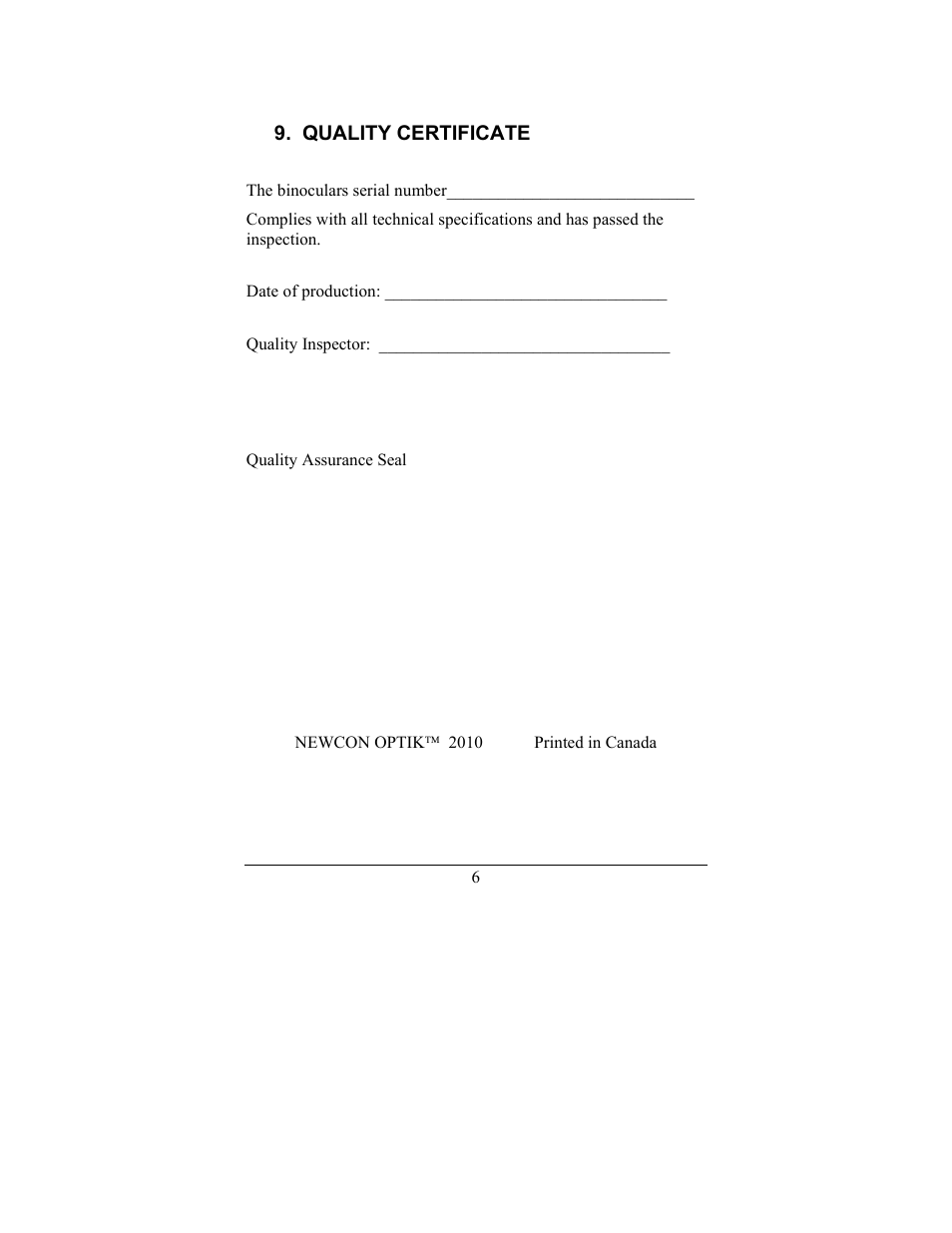 Quality certificate | Newcon Optik SPOTTING SCOPE 15-45X60 User Manual | Page 8 / 8