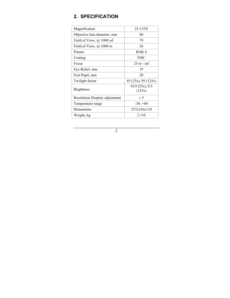 Specification | Newcon Optik AN 25-125X80 User Manual | Page 5 / 16