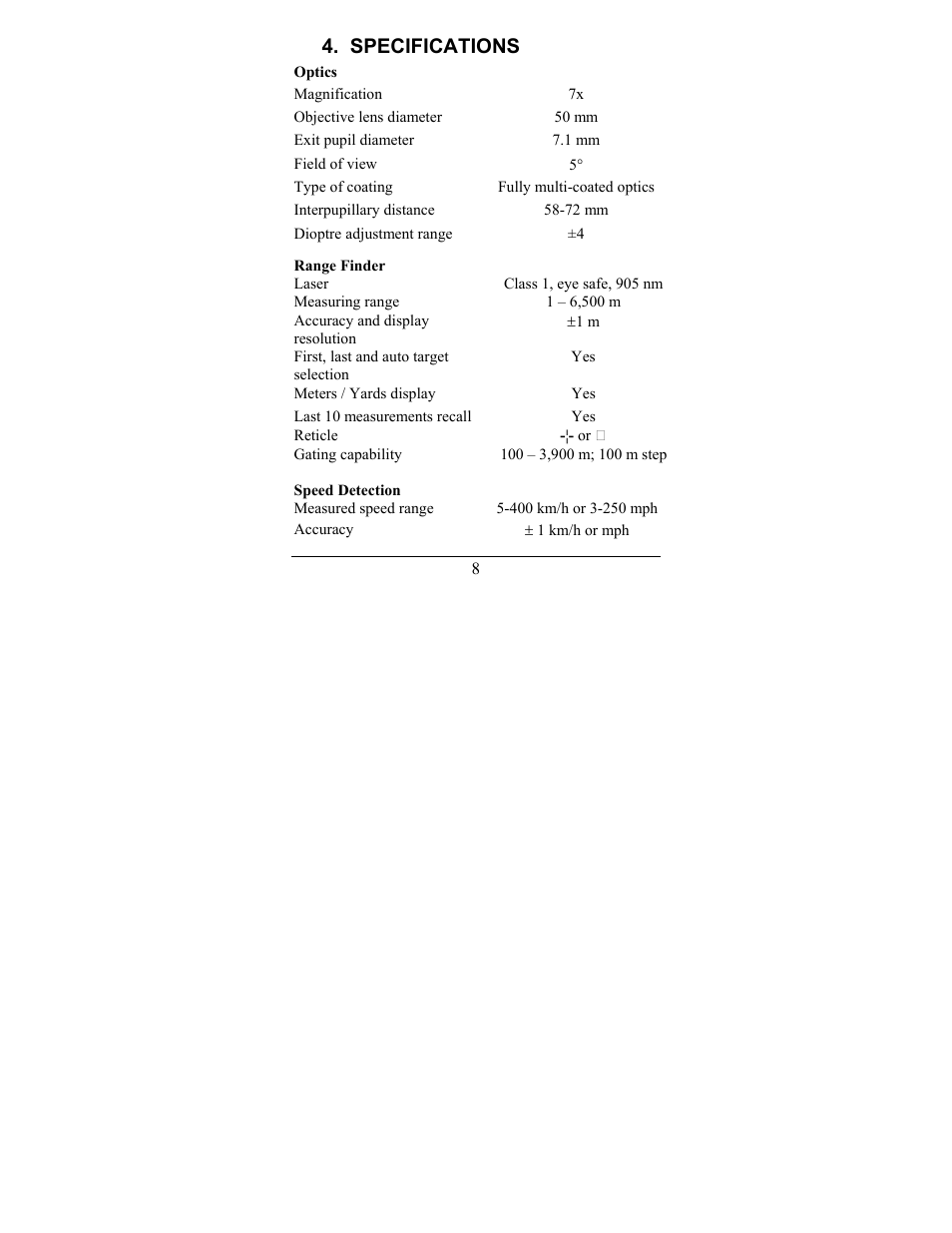 Specifications | Newcon Optik LRB 6000CI User Manual | Page 12 / 36