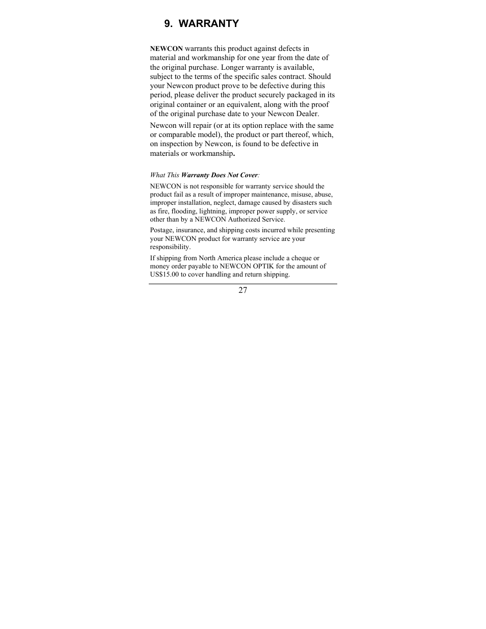 Warranty | Newcon Optik LRB 6000CI User Manual | Page 31 / 36